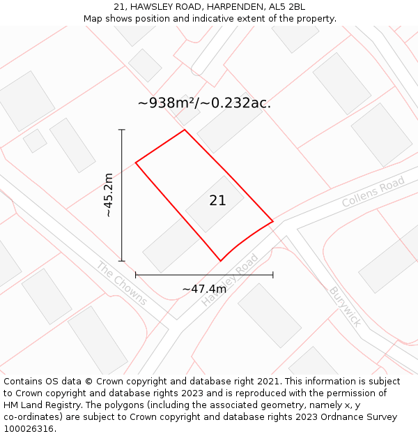 21, HAWSLEY ROAD, HARPENDEN, AL5 2BL: Plot and title map