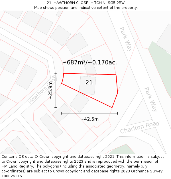 21, HAWTHORN CLOSE, HITCHIN, SG5 2BW: Plot and title map