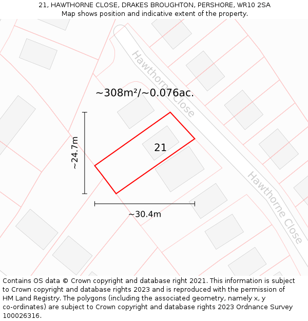 21, HAWTHORNE CLOSE, DRAKES BROUGHTON, PERSHORE, WR10 2SA: Plot and title map