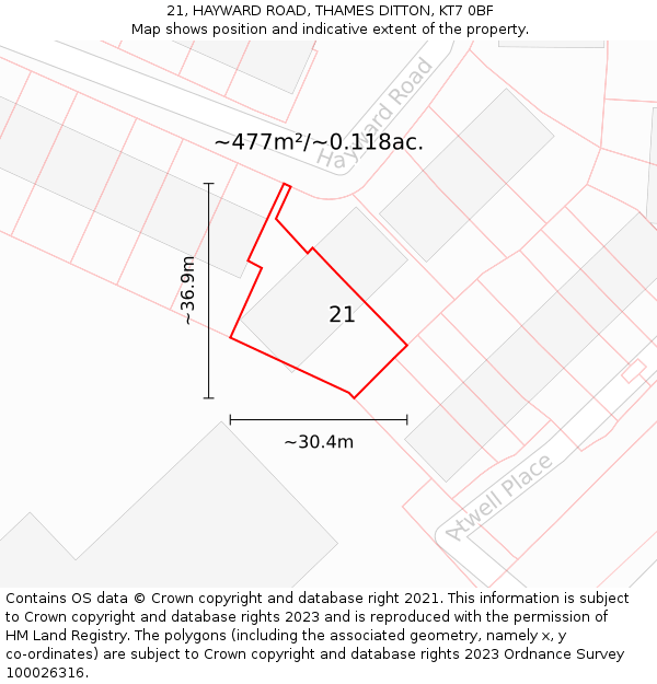 21, HAYWARD ROAD, THAMES DITTON, KT7 0BF: Plot and title map