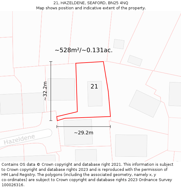 21, HAZELDENE, SEAFORD, BN25 4NQ: Plot and title map