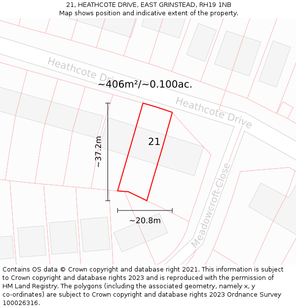 21, HEATHCOTE DRIVE, EAST GRINSTEAD, RH19 1NB: Plot and title map