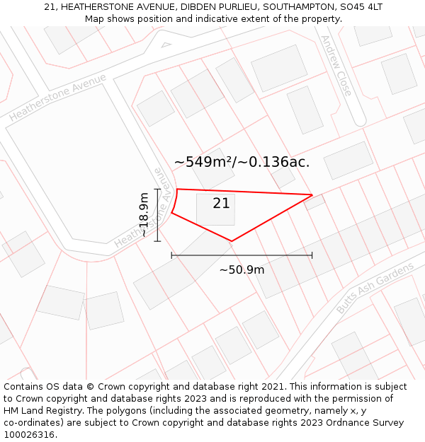 21, HEATHERSTONE AVENUE, DIBDEN PURLIEU, SOUTHAMPTON, SO45 4LT: Plot and title map