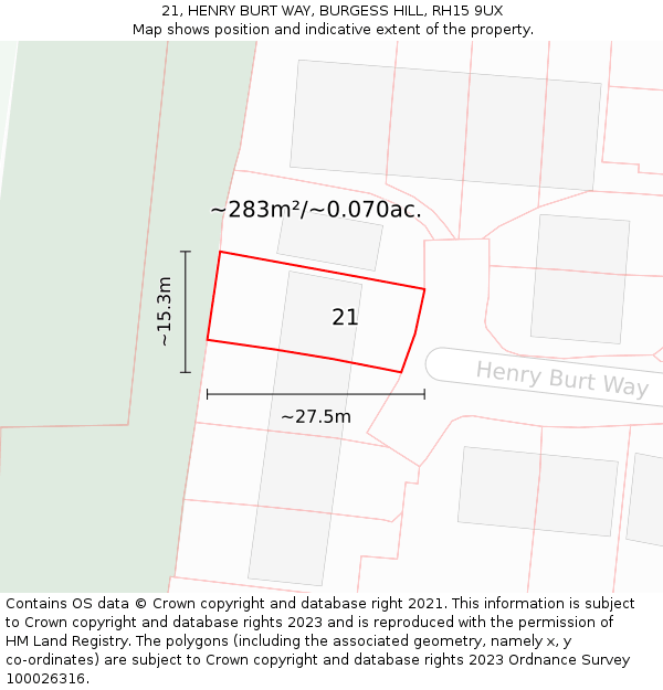 21, HENRY BURT WAY, BURGESS HILL, RH15 9UX: Plot and title map