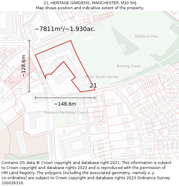 21, HERITAGE GARDENS, MANCHESTER, M20 5HJ: Plot and title map