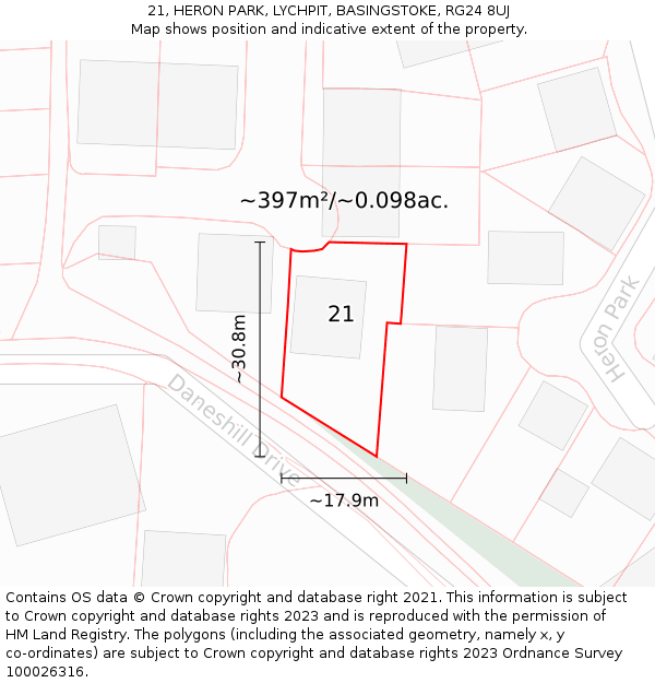 21, HERON PARK, LYCHPIT, BASINGSTOKE, RG24 8UJ: Plot and title map