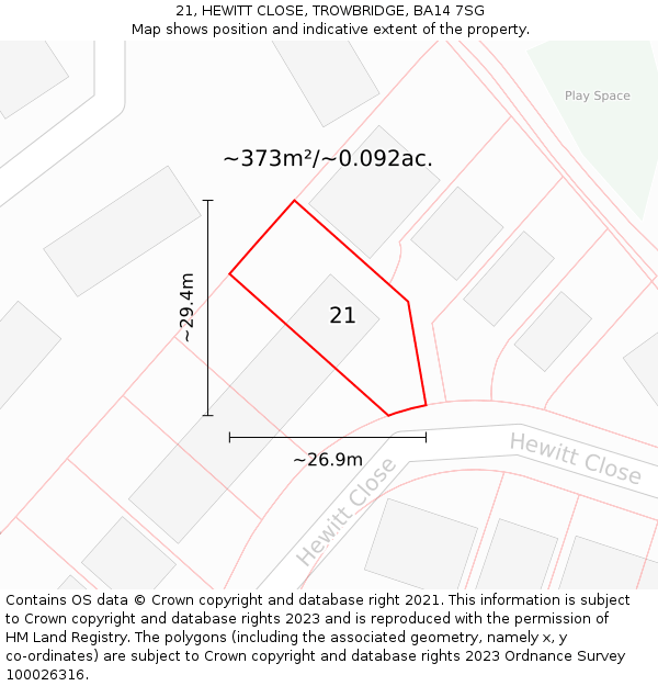 21, HEWITT CLOSE, TROWBRIDGE, BA14 7SG: Plot and title map