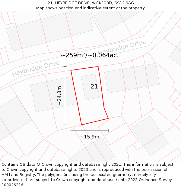 21, HEYBRIDGE DRIVE, WICKFORD, SS12 9AG: Plot and title map