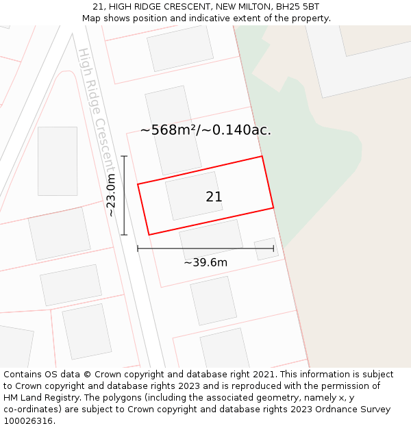 21, HIGH RIDGE CRESCENT, NEW MILTON, BH25 5BT: Plot and title map