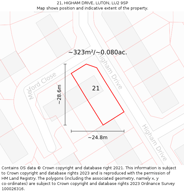 21, HIGHAM DRIVE, LUTON, LU2 9SP: Plot and title map