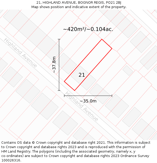 21, HIGHLAND AVENUE, BOGNOR REGIS, PO21 2BJ: Plot and title map