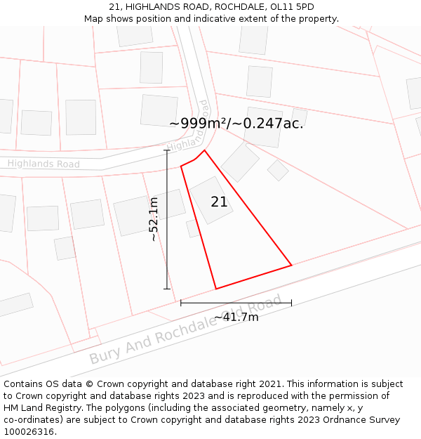 21, HIGHLANDS ROAD, ROCHDALE, OL11 5PD: Plot and title map