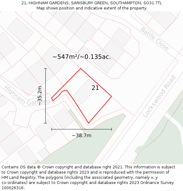 21, HIGHNAM GARDENS, SARISBURY GREEN, SOUTHAMPTON, SO31 7TL: Plot and title map