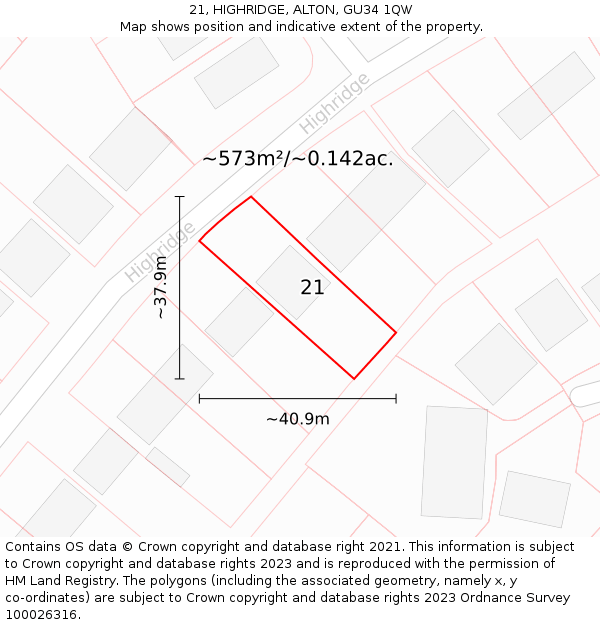 21, HIGHRIDGE, ALTON, GU34 1QW: Plot and title map