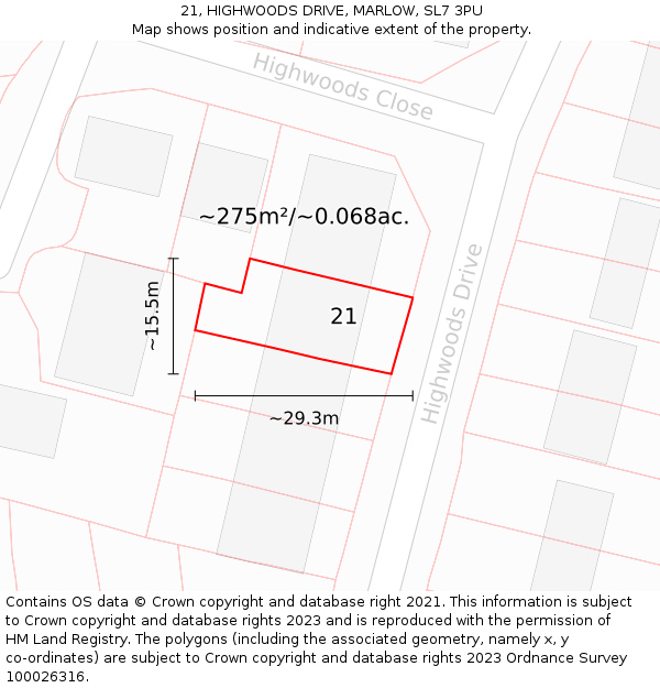 21, HIGHWOODS DRIVE, MARLOW, SL7 3PU: Plot and title map