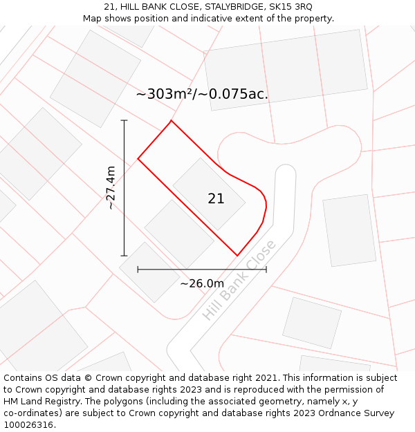 21, HILL BANK CLOSE, STALYBRIDGE, SK15 3RQ: Plot and title map