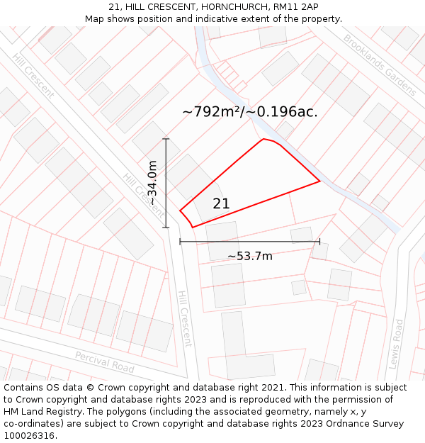 21, HILL CRESCENT, HORNCHURCH, RM11 2AP: Plot and title map