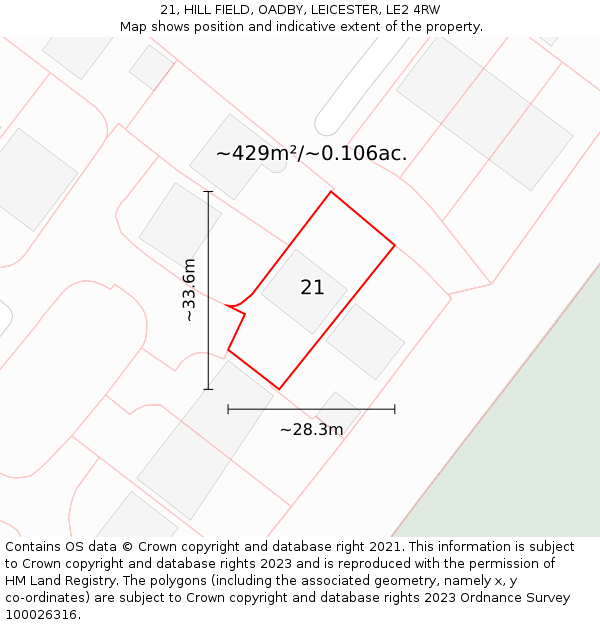 21, HILL FIELD, OADBY, LEICESTER, LE2 4RW: Plot and title map