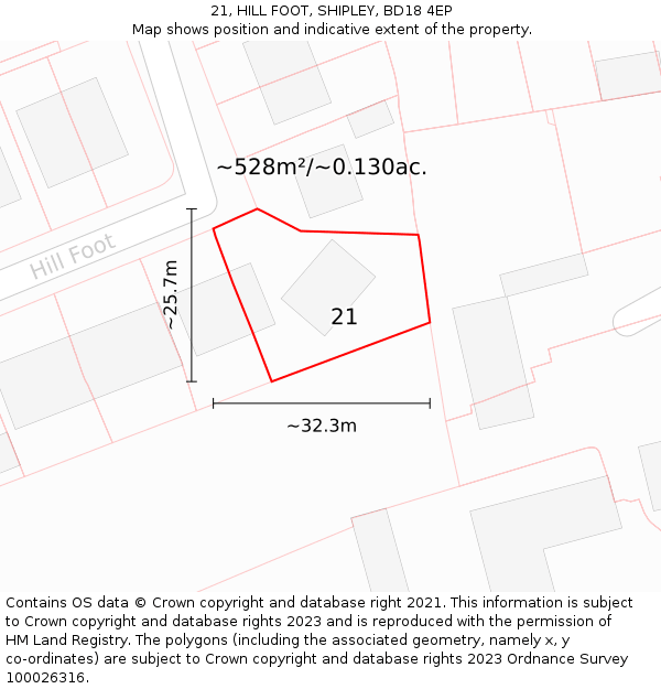 21, HILL FOOT, SHIPLEY, BD18 4EP: Plot and title map