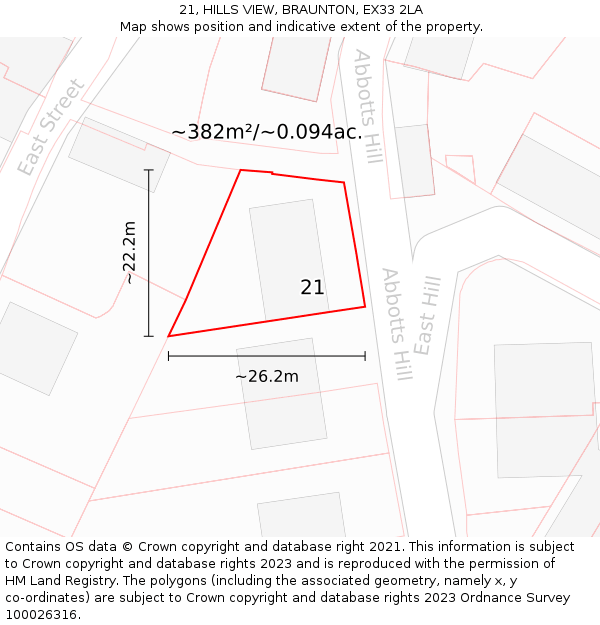 21, HILLS VIEW, BRAUNTON, EX33 2LA: Plot and title map