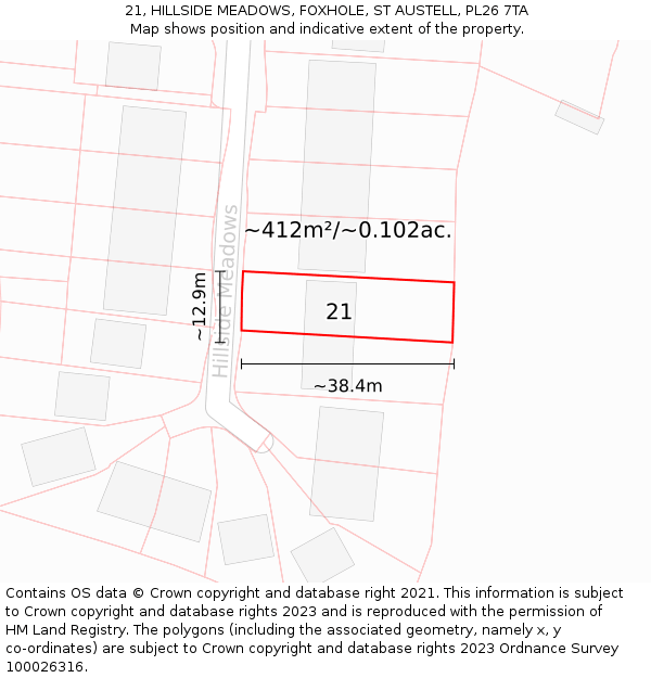 21, HILLSIDE MEADOWS, FOXHOLE, ST AUSTELL, PL26 7TA: Plot and title map
