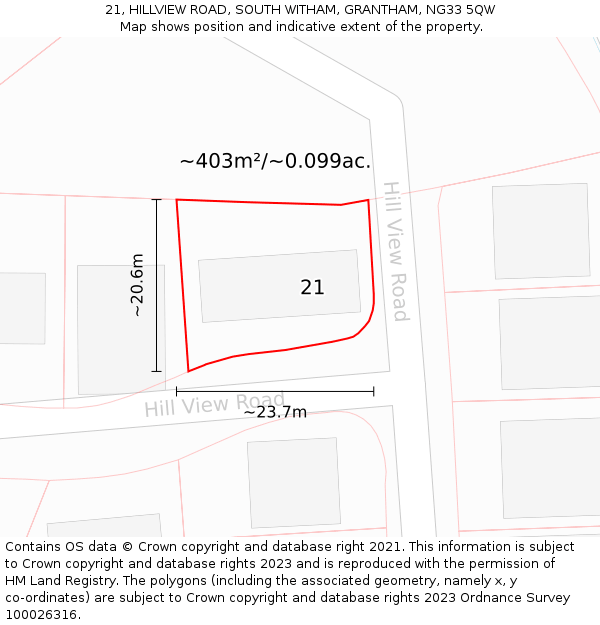 21, HILLVIEW ROAD, SOUTH WITHAM, GRANTHAM, NG33 5QW: Plot and title map