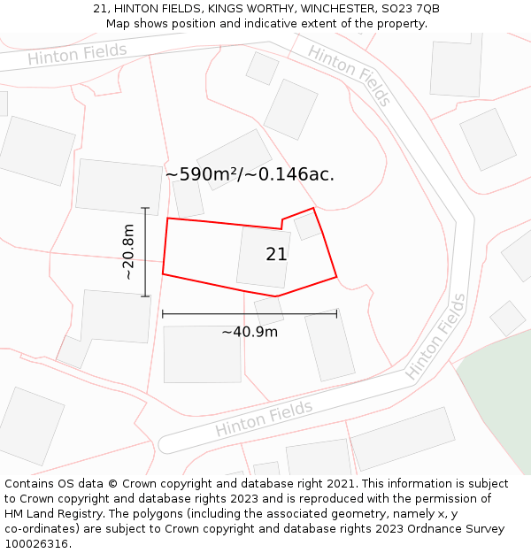 21, HINTON FIELDS, KINGS WORTHY, WINCHESTER, SO23 7QB: Plot and title map