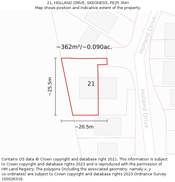 21, HOLLAND DRIVE, SKEGNESS, PE25 3NH: Plot and title map