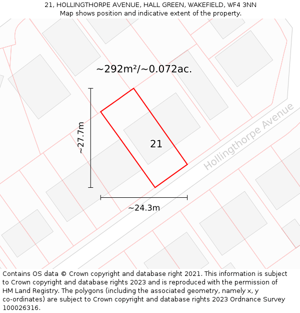 21, HOLLINGTHORPE AVENUE, HALL GREEN, WAKEFIELD, WF4 3NN: Plot and title map