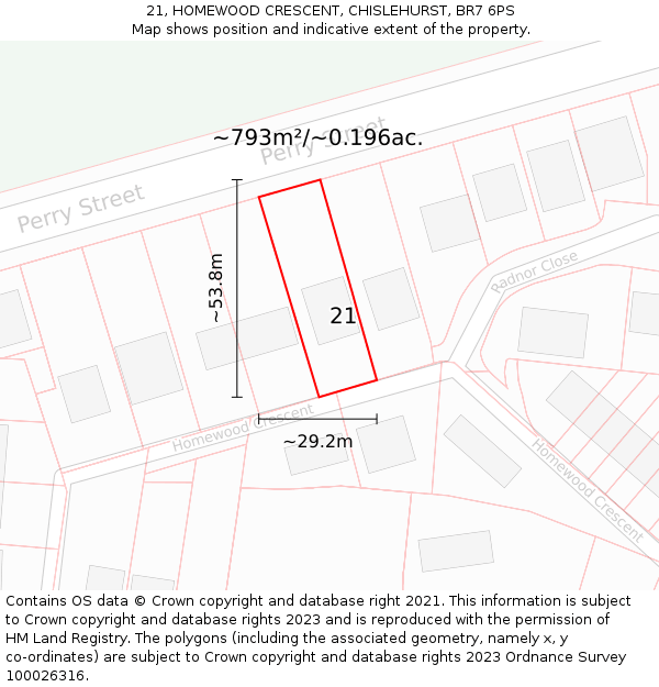 21, HOMEWOOD CRESCENT, CHISLEHURST, BR7 6PS: Plot and title map