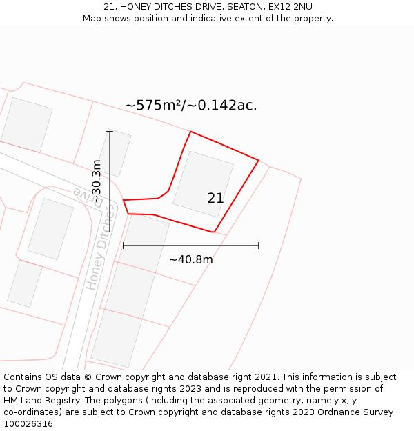 21, HONEY DITCHES DRIVE, SEATON, EX12 2NU: Plot and title map