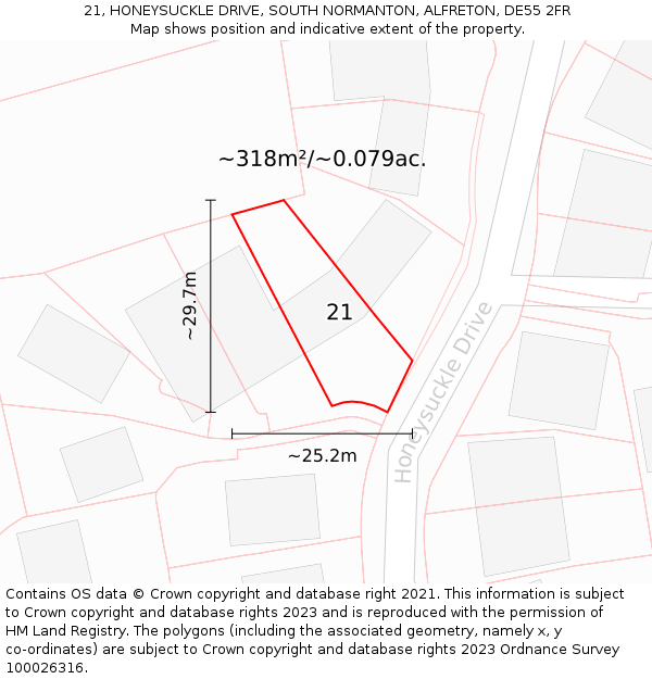 21, HONEYSUCKLE DRIVE, SOUTH NORMANTON, ALFRETON, DE55 2FR: Plot and title map