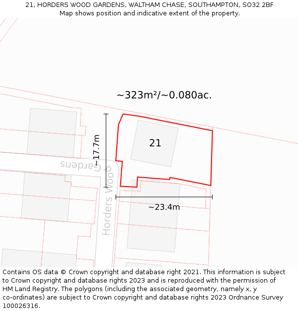 21, HORDERS WOOD GARDENS, WALTHAM CHASE, SOUTHAMPTON, SO32 2BF: Plot and title map