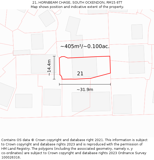 21, HORNBEAM CHASE, SOUTH OCKENDON, RM15 6TT: Plot and title map