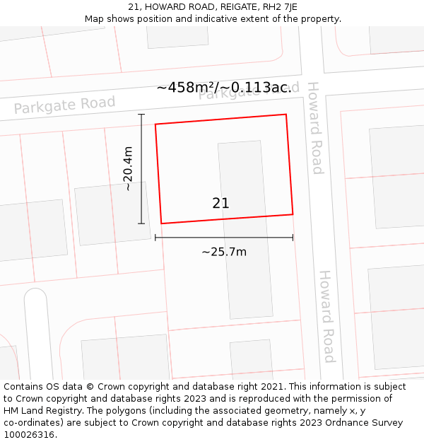 21, HOWARD ROAD, REIGATE, RH2 7JE: Plot and title map