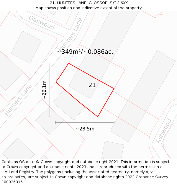 21, HUNTERS LANE, GLOSSOP, SK13 6XX: Plot and title map