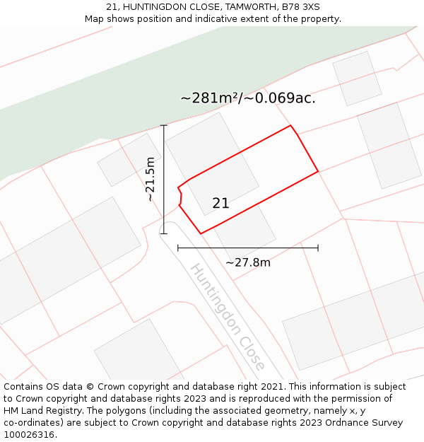 21, HUNTINGDON CLOSE, TAMWORTH, B78 3XS: Plot and title map