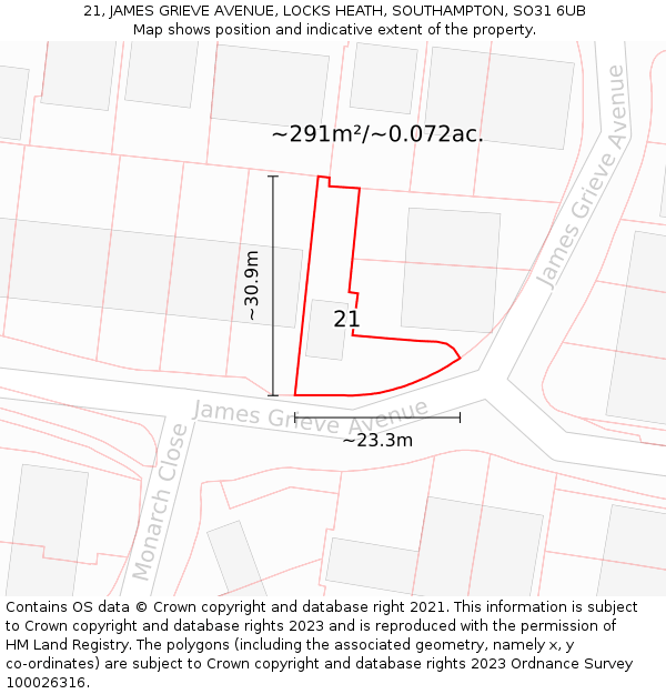 21, JAMES GRIEVE AVENUE, LOCKS HEATH, SOUTHAMPTON, SO31 6UB: Plot and title map