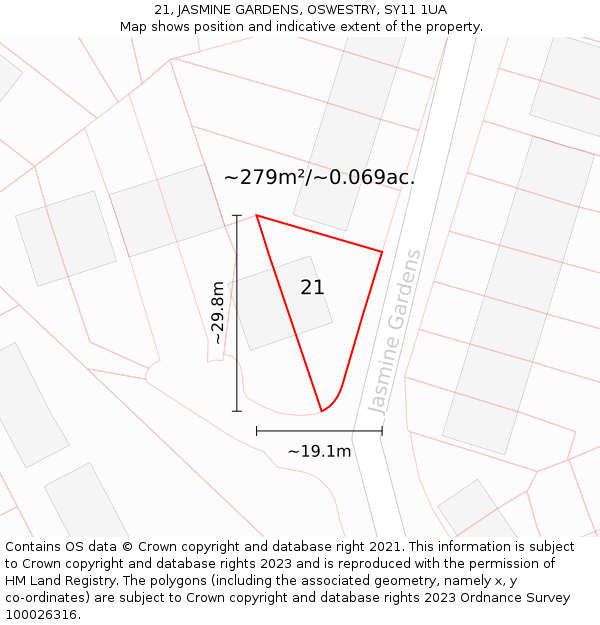 21, JASMINE GARDENS, OSWESTRY, SY11 1UA: Plot and title map