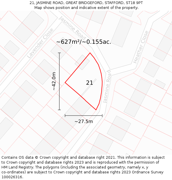 21, JASMINE ROAD, GREAT BRIDGEFORD, STAFFORD, ST18 9PT: Plot and title map