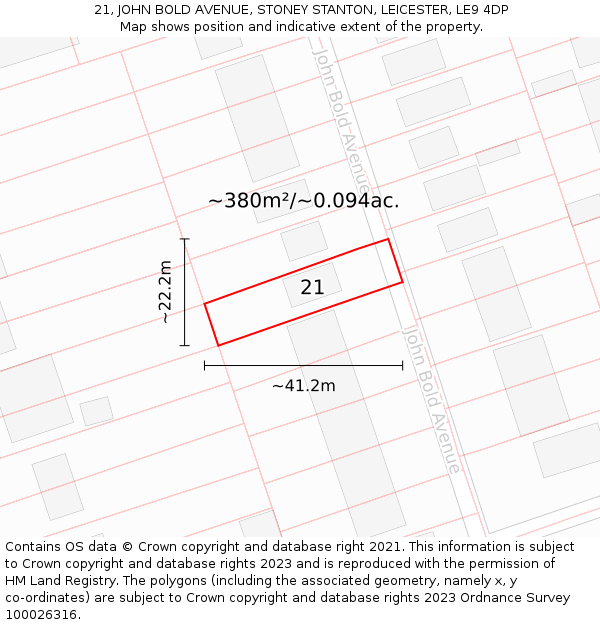 21, JOHN BOLD AVENUE, STONEY STANTON, LEICESTER, LE9 4DP: Plot and title map