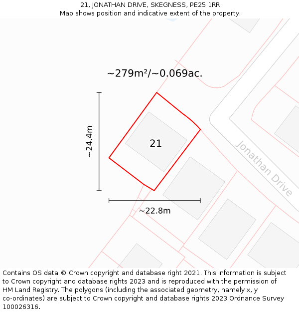 21, JONATHAN DRIVE, SKEGNESS, PE25 1RR: Plot and title map