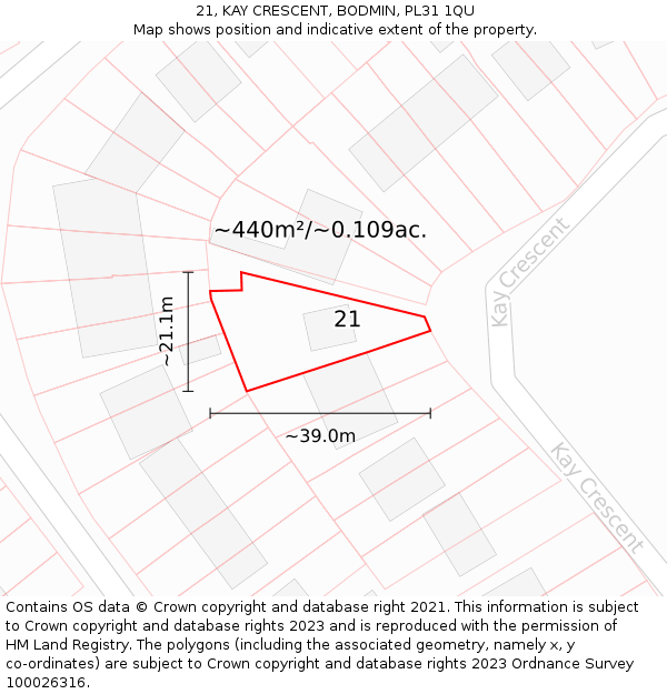 21, KAY CRESCENT, BODMIN, PL31 1QU: Plot and title map