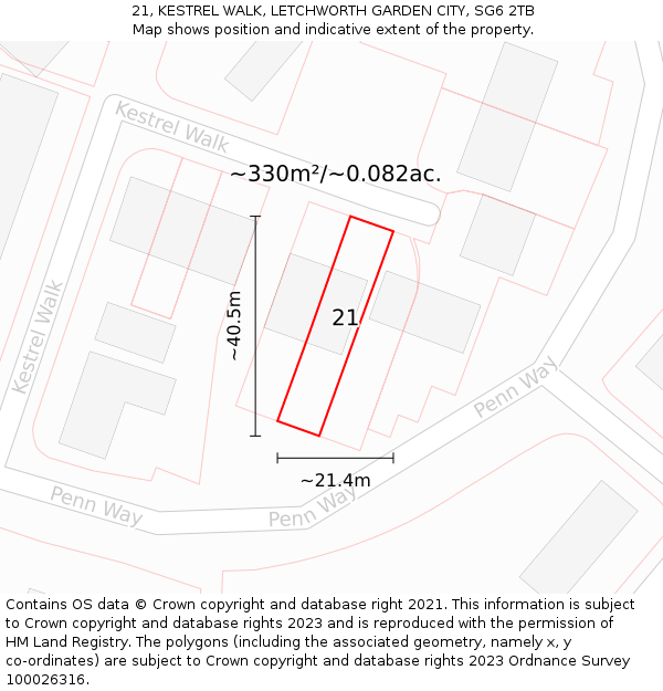 21, KESTREL WALK, LETCHWORTH GARDEN CITY, SG6 2TB: Plot and title map