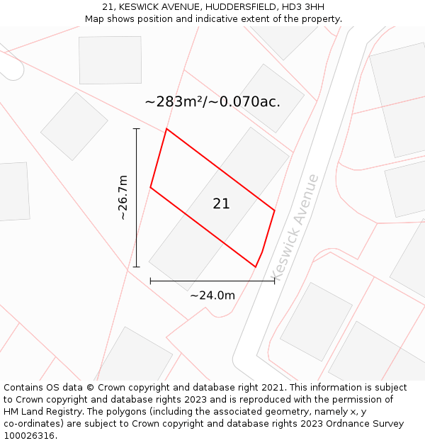 21, KESWICK AVENUE, HUDDERSFIELD, HD3 3HH: Plot and title map