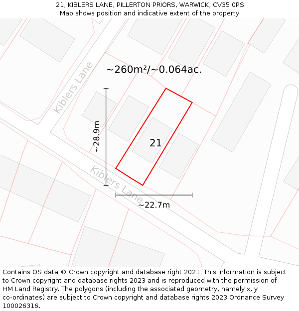 21, KIBLERS LANE, PILLERTON PRIORS, WARWICK, CV35 0PS: Plot and title map