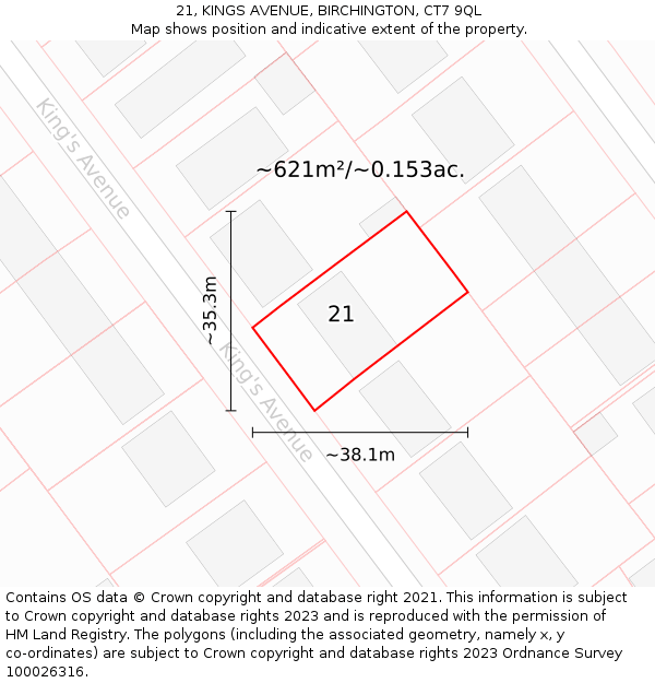 21, KINGS AVENUE, BIRCHINGTON, CT7 9QL: Plot and title map