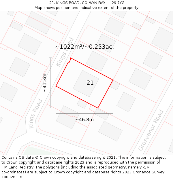 21, KINGS ROAD, COLWYN BAY, LL29 7YG: Plot and title map