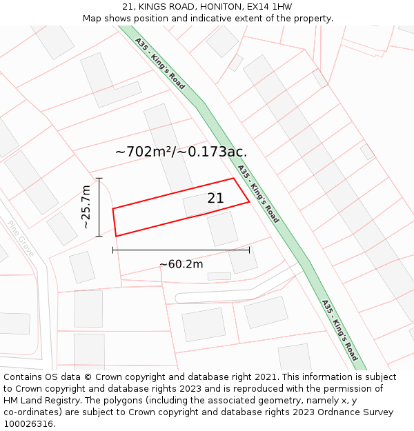 21, KINGS ROAD, HONITON, EX14 1HW: Plot and title map