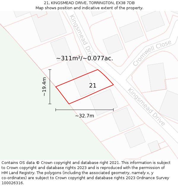 21, KINGSMEAD DRIVE, TORRINGTON, EX38 7DB: Plot and title map